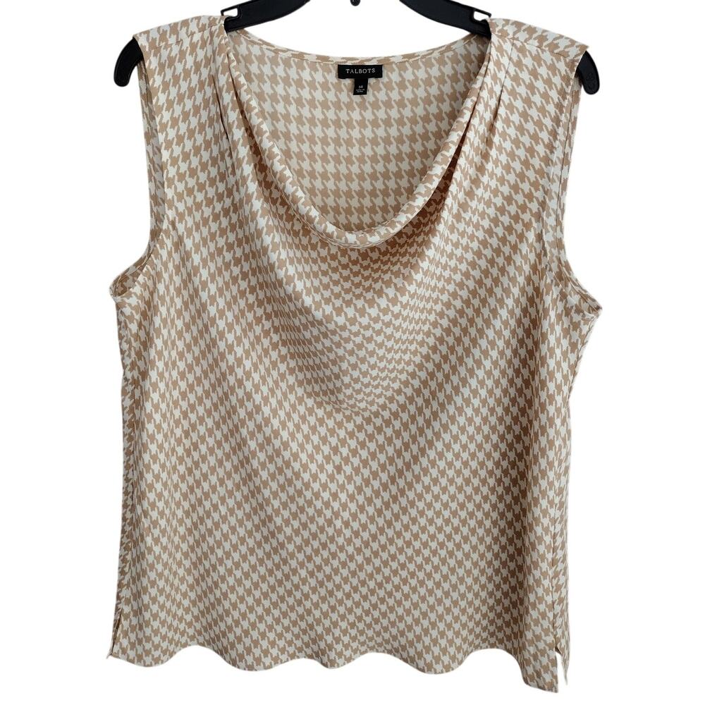 Tablots Creamy White & Tan Houndstooth Drape-Neck Sleeveless Blouse Women's 14